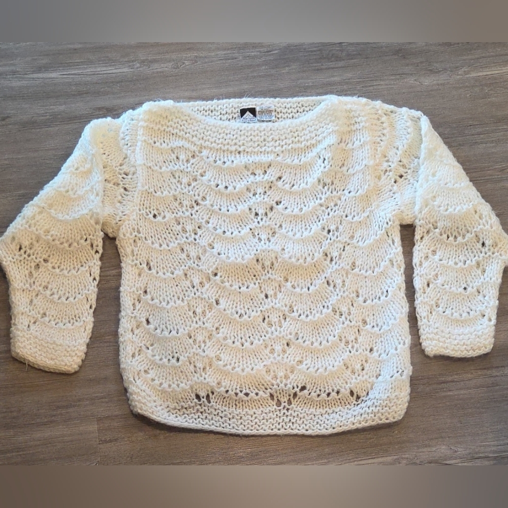 Vtg Nan Sport Sweater Large IVORY Textured Scalloped Knit Pullover  Cottagecore